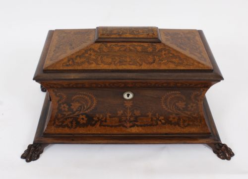 ANTIQUE GEORGE IV GONALO ALVES AMBOYNA MARQUETRY TEA CADDY C1825 19TH C - ADDITIONAL PHOTO 1