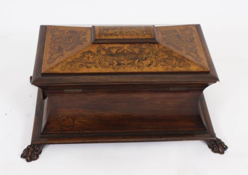 ANTIQUE GEORGE IV GONALO ALVES AMBOYNA MARQUETRY TEA CADDY C1825 19TH C - ADDITIONAL PHOTO 8