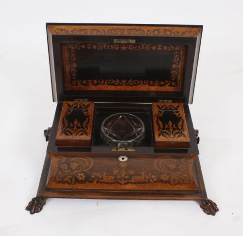 ANTIQUE GEORGE IV GONALO ALVES AMBOYNA MARQUETRY TEA CADDY C1825 19TH C - ADDITIONAL PHOTO 10