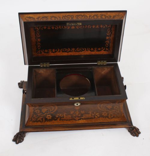 ANTIQUE GEORGE IV GONALO ALVES AMBOYNA MARQUETRY TEA CADDY C1825 19TH C - ADDITIONAL PHOTO 13