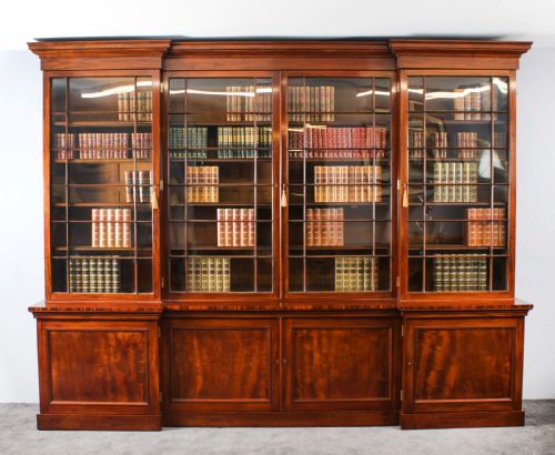 Antique English William IV Flame Mahogany Library Breakfront Bookcase 19th C