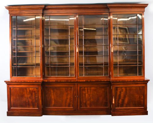 fig 1. Antique English William IV Flame Mahogany Library Breakfront Bookcase 19th C