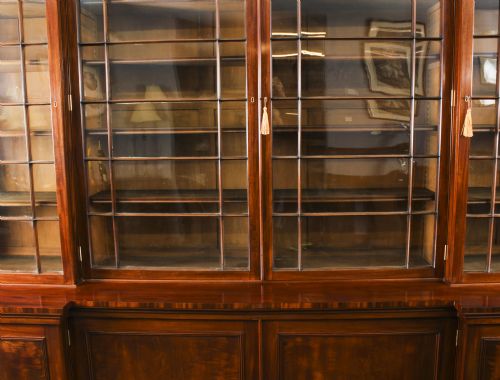 fig 4. Antique English William IV Flame Mahogany Library Breakfront Bookcase 19th C