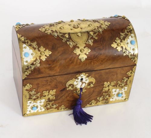 fig 1. Antique Burr Walnut, Ivorine & Brass Box Domed Casket with Key 19th Century