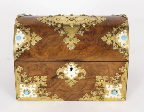 fig 2. Antique Burr Walnut, Ivorine & Brass Box Domed Casket with Key 19th Century