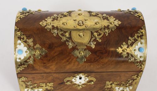 fig 3. Antique Burr Walnut, Ivorine & Brass Box Domed Casket with Key 19th Century