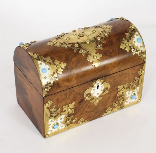 fig 4. Antique Burr Walnut, Ivorine & Brass Box Domed Casket with Key 19th Century