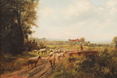 fig 1. Antique Oil Painting Sheperd & Flock by Victor Wallace Dated 1901