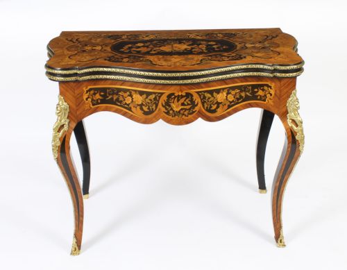 fig 1. Antique French Louis Revival Floral Marquetry Card Table 19th C