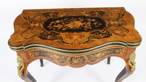 fig 2. Antique French Louis Revival Floral Marquetry Card Table 19th C