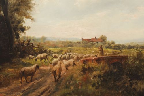 fig 2. Antique Oil Painting Sheperd & Flock by Victor Wallace Dated 1901
