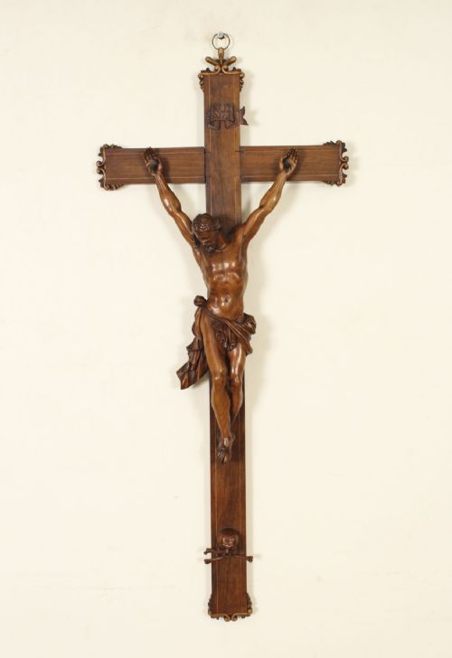Antique 3ft French Patinated Walnut Corpus Christi Altar Cross 19th C