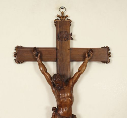 fig 5. Antique 3ft French Patinated Walnut Corpus Christi Altar Cross 19th C
