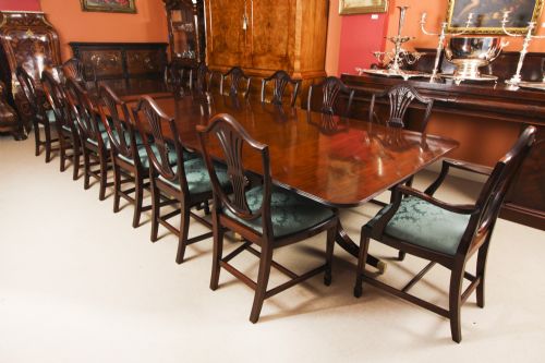 fig 1. Antique 14ft Flame Mahogany Regency Revival Triple Pillar Dining Table 19th C