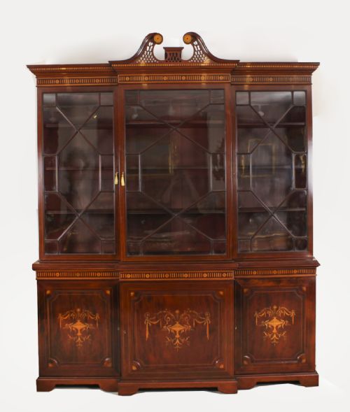 fig 1. Antique Inlaid Flame Mahogany Three Door Breakfront Library Bookcase 19th C