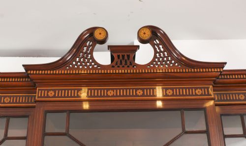 fig 2. Antique Inlaid Flame Mahogany Three Door Breakfront Library Bookcase 19th C