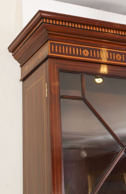 fig 3. Antique Inlaid Flame Mahogany Three Door Breakfront Library Bookcase 19th C