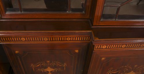 fig 4. Antique Inlaid Flame Mahogany Three Door Breakfront Library Bookcase 19th C