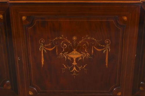 fig 6. Antique Inlaid Flame Mahogany Three Door Breakfront Library Bookcase 19th C
