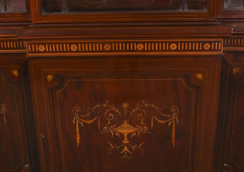 fig 7. Antique Inlaid Flame Mahogany Three Door Breakfront Library Bookcase 19th C