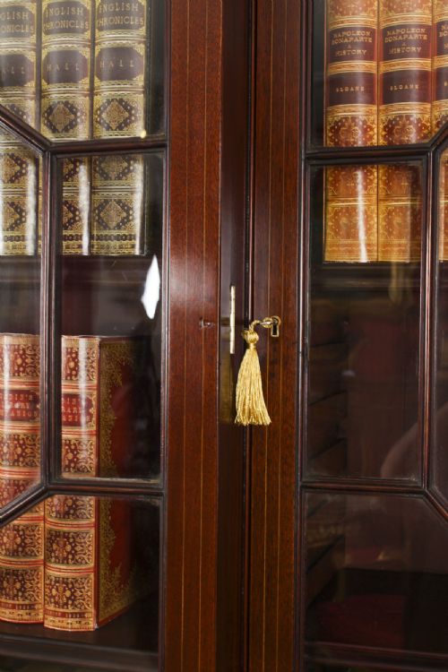 fig 8. Antique Inlaid Flame Mahogany Three Door Breakfront Library Bookcase 19th C