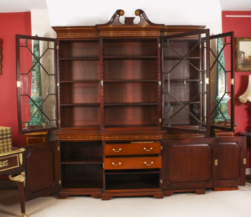 fig 9. Antique Inlaid Flame Mahogany Three Door Breakfront Library Bookcase 19th C