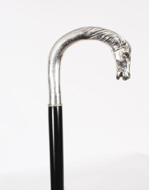Antique French Silver Horse Ebonized Walking Cane Stick Late 19th C
