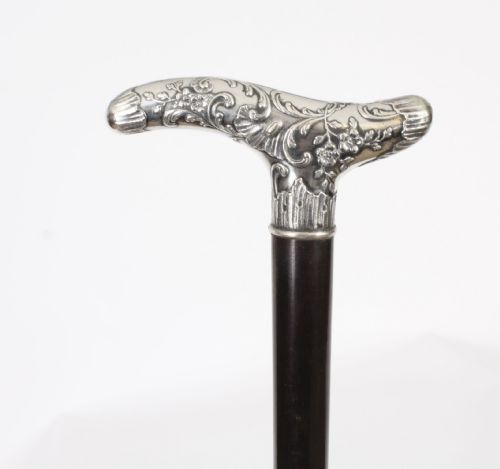 fig 1. Antique English Silver & Ebonized Walking Stick Circa 1880 19th C