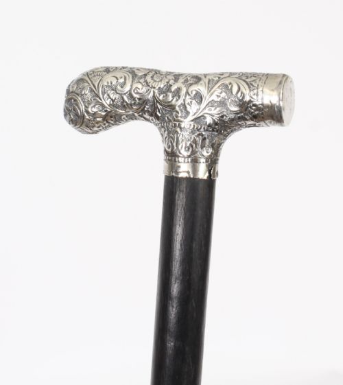 Antique English Silver & Ebonized Walking Stick Cane Circa 1880