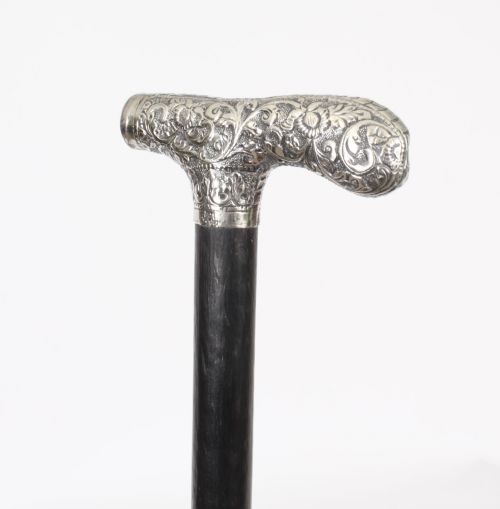 fig 1. Antique English Silver & Ebonized Walking Stick Cane Circa 1880
