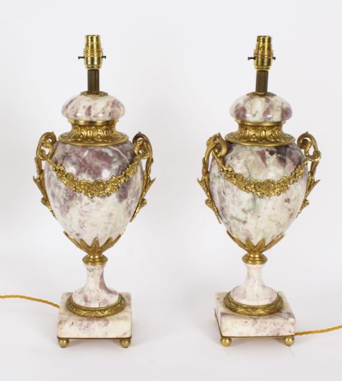 Antique Pair French Ormolu Mounted Variegated Marble Table Lamps 19th Century