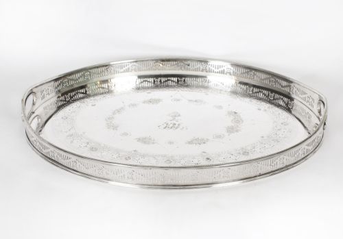fig 1. Antique Victorian Oval Silver Plated Gallery Tray 19th Century
