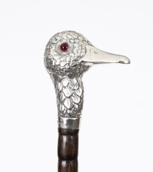 fig 2. Antique Walking Stick Cane Sterling Silver Duck Head Handle by Brigg 1897