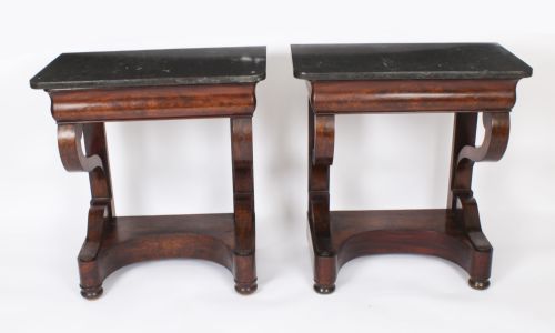 Antique Pair French Empire Marble Top Console Tables Circa 1840 19th C