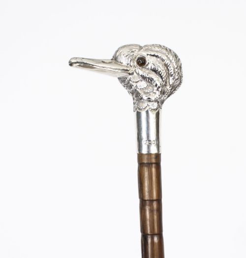 Antique Walking Stick Cane Sterling Silver Duck Head Handle Dated 1909