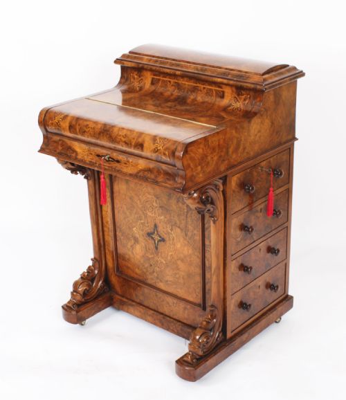 Antique Victorian Burr Walnut & Inlaid Pop Up Davenport Desk 19th C