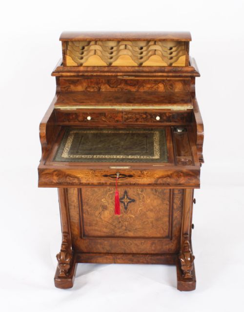 fig 1. Antique Victorian Burr Walnut & Inlaid Pop Up Davenport Desk 19th C