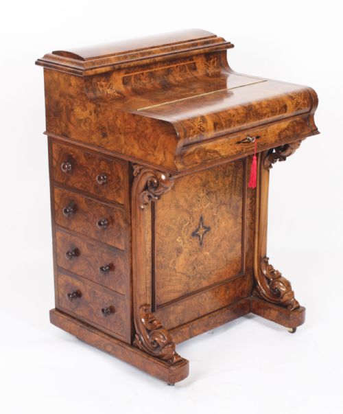 fig 2. Antique Victorian Burr Walnut & Inlaid Pop Up Davenport Desk 19th C