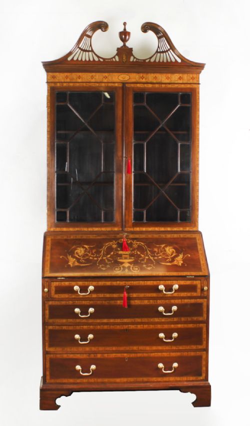 fig 1. Antique English Flame Mahogany Bureau Bookcase 19th Century