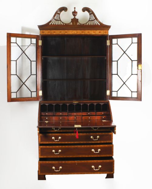 fig 2. Antique English Flame Mahogany Bureau Bookcase 19th Century