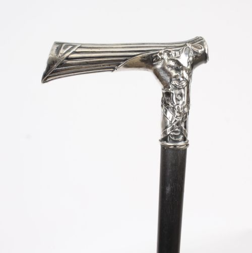 Antique Continental Silver Ebonized Walking Cane Stick 19th Century