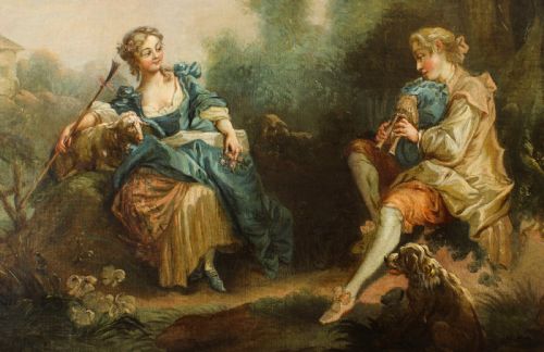 fig 2. Antique Oil Painting Manner of Jean-Antoine Watteau The Serenade Early 19Th C