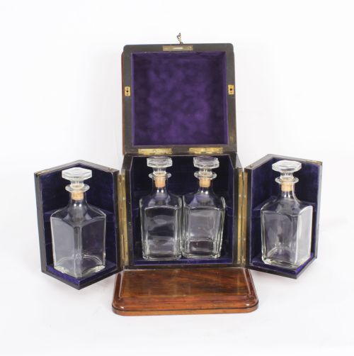 fig 1. Antique Victorian Burr Walnut 4 Bottle Crystal Decanter Tantalus 19th C