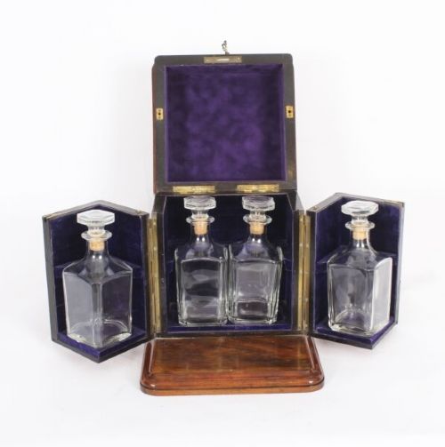 Antique Victorian Burr Walnut 4 Bottle Crystal Decanter Tantalus 19th C