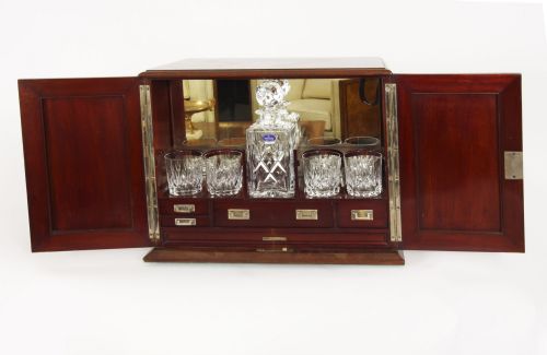 Antique Inlaid Flame Mahogany Three Crystal Decanter Tantalus 19th C