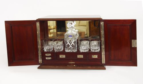 fig 1. Antique Inlaid Flame Mahogany Three Crystal Decanter Tantalus 19th C