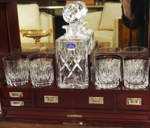 fig 2. Antique Inlaid Flame Mahogany Three Crystal Decanter Tantalus 19th C