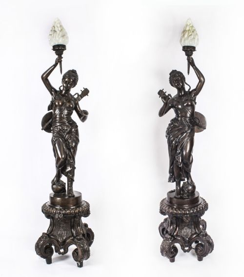 Antique Monumental Pair 202cm 6ft6" Bronze Figural Torcheres Lamps Circa 1920