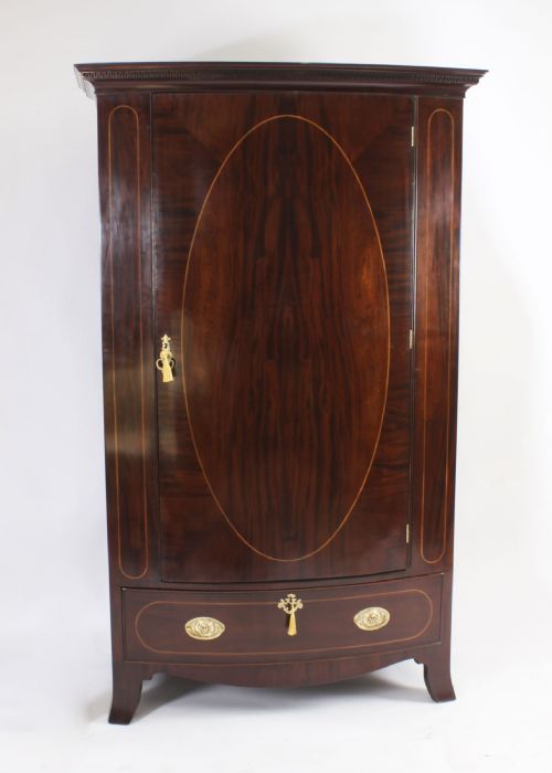 Antique English Edwardian Flame Mahogany Bowfront Wardrobe C1900