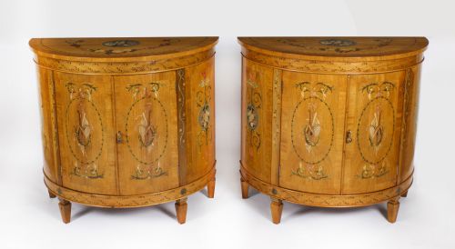 Antique Pair Adam Revival Satin Wood Painted Cabinets Commodes C1920